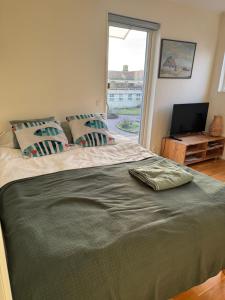 a bedroom with a bed with a television and a window at Mellbystrand Björkvägen Apartment in Mellbystrand