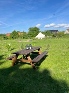 a wooden picnic table in a field of grass at Langø Fjord Glamping NR 2 in Nakskov