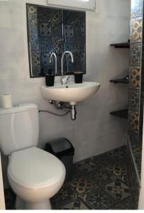 a bathroom with a toilet and a sink at Guest house with sauna in Krčedin