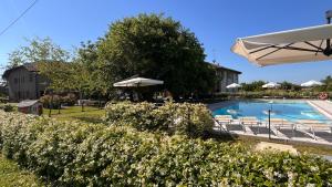 a swimming pool with chairs and an umbrella at Agriturismo La Cascinetta in Pieve di Cento