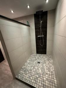a bathroom with a shower with a tiled floor at Le Trente à Turckheim in Turckheim +27 photos