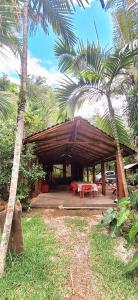 a wooden pavilion with a picnic table and palm trees at Oasis 56 Aéroport Tontouta in La Tontouta
