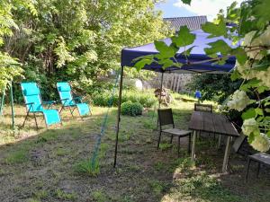 a group of chairs and a table under a blue umbrella at Studio à la campagne, Jardin, Lac à 7 min in Chenereilles