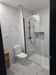 a white bathroom with a shower and a toilet at Plaza España 2 in Alcazar de San Juan