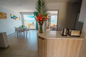 a kitchen with a vase of flowers on a counter at La Perle Fleur d'Epée in Le Gosier