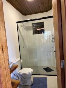 a bathroom with a toilet and a glass shower at Chalé Manacá da Serra in São Bento do Sul +7 photos