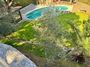 a backyard with a swimming pool and a landscaped yard at Luna House Sevilla in Guillena