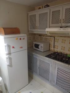 a kitchen with a white refrigerator and a microwave at Summer House in Dar Salah Bey