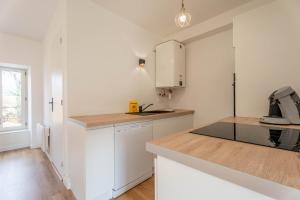 a kitchen with white cabinets and a counter top at Le Saphir By Clem in Pélussin
