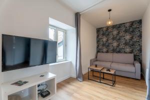 a living room with a couch and a flat screen tv at Le Saphir By Clem in Pélussin