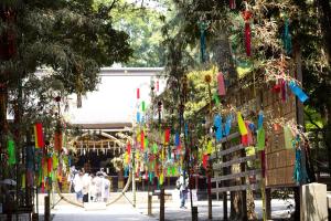 a bunch of colorful streamers hanging from trees at Macchiato SHONAN - 綺麗な古民家一棟貸切-海まで5分-無料駐車場-自転車2台-独立乾燥機-お子様大歓迎 Private Traditional House Near Kamakura Hakone, Family-Friendly Stay in Hiratsuka