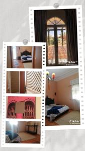 a collage of four pictures of a room at Les jardins bleus in Taroudant