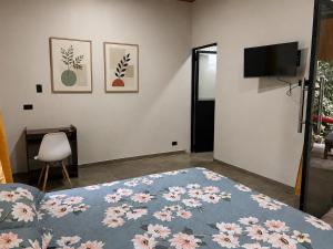 a bedroom with a bed and a tv on a wall at Casa de Ale in Tena