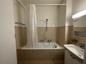 a bathroom with a tub with a shower and a sink at Abeilles in La Chaux-de-Fonds