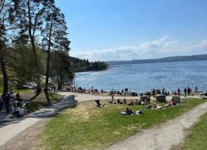 a group of people sitting on the grass near a lake at Nordic Retreat Quiet Oasis in Oslo in Oslo