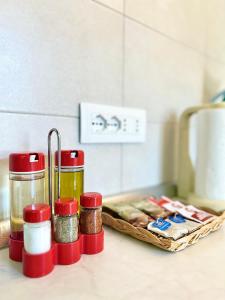 a kitchen counter with spices and a tray of food at Casa Garzoglio in Noli