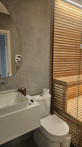a bathroom with a toilet and a sink and a mirror at Casa 80 in Monte Belo +11 photos
