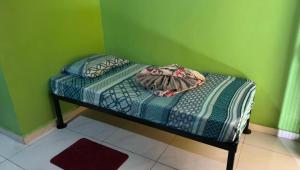 a bed in a room with a green wall at Pousada recanto da fronteira in Oiapoque