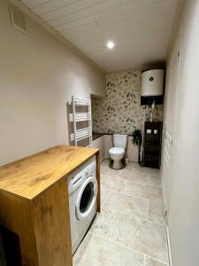 a laundry room with a washing machine and a toilet at Cozy studio in Millières
