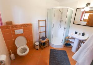 a bathroom with a toilet and a shower and a sink at Drevenica Desina in Terchová