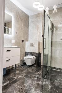 a bathroom with a shower and a toilet and a sink at Apartament Baltic Prestige in Gąski