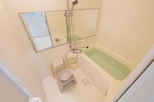 a bathroom with a tub and a toilet and a mirror at Green Gables A棟 105 in Toyama