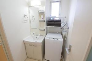 a bathroom with a sink and a washing machine at Green Gables A棟 105 in Toyama