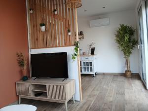 a living room with a flat screen tv on a stand at Chambre jungle in Calais