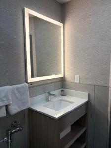 a bathroom with a sink and a mirror at Midway Motel in Patchogue