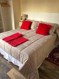 a large bed with red pillows on top of it at Don Miguel in Balcarce +70 photos