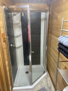 a shower with a glass door in a bathroom at Ak backcountry retreat in Kenai +11 photos