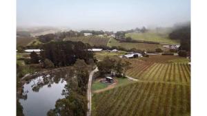 an aerial view of a farm with a pond at Churinga Orchards by Tiny Away in Lenswood