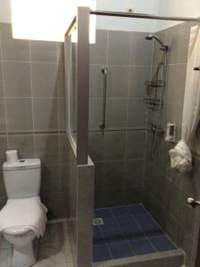 a bathroom with a shower with a toilet and a sink at Studio Pelangi - Candidasa in Candidasa +17 photos