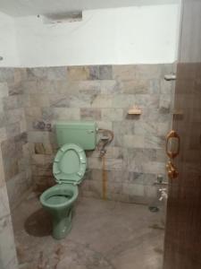 a bathroom with a green toilet and a stone wall at Kailas in Kollam