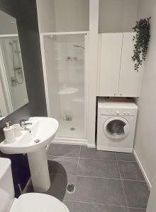 a bathroom with a sink and a washing machine at Art Deco Chic on Queen in Auckland