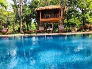 a man sitting in a chair next to a swimming pool at Isanka Lion Lodge in Sigiriya