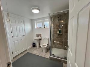 a bathroom with a shower and a toilet and a sink at Summerhill by suspire in Ashford