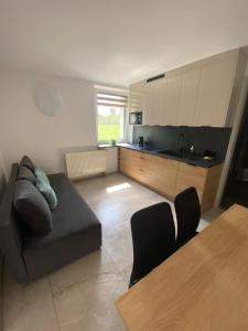 a living room with a couch and a kitchen at SKALNY apartamenty, pokoje - Ogród, Spokój i Natura in Ogrodzieniec