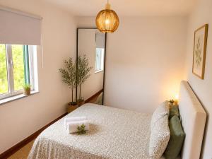 a bedroom with a bed and a mirror at Casa D'os Eiras in Aguiar da Beira
