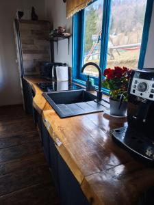 a kitchen with a sink and a counter with a window at Noapte de Poveste in Piatra Fantanele +9 photos