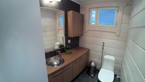 a small bathroom with a sink and a toilet at Villa Alex in Virttaa +29 photos
