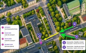 a map of a city with roads and buildings at Bazylika hostel in Warsaw