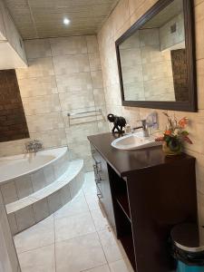 a bathroom with a sink and a tub and a mirror at Green Whisper BnB in Umtali
