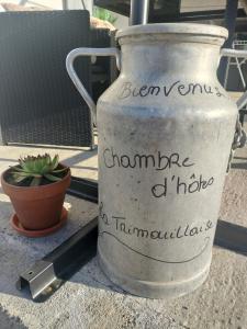 a metal vase sitting on a table next to a plant at La Trimouillaise in La Trimouille