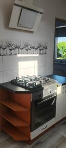a kitchen with a stove top oven in a room at Lipowy domek Mazury in Piecki