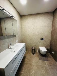 a bathroom with a white sink and a toilet at Apartment in the city center near park and river 5 in Marijampolė
