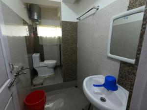 a bathroom with a white sink and a toilet at Salena Homestay in Cherrapunji