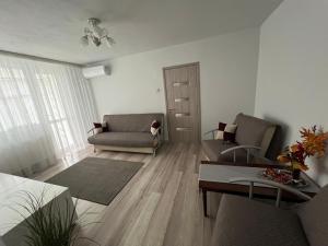 a living room with two chairs and a couch at Margo Apartament cu 2 camere in Târgu Jiu
