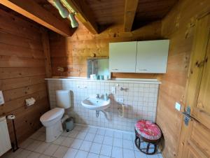 a bathroom with a toilet and a sink at FeWo Aus'm Garten im Holzblockhaus nähe Aachen in Eschweiler