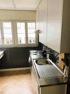 a kitchen with a sink and two windows at 3 Room Old Town Flat - Munster in Zurich +5 photos